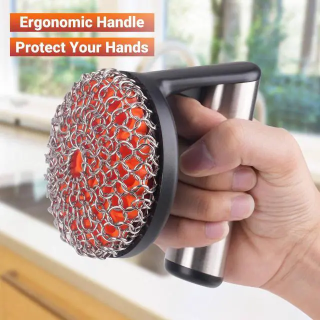 Alt view image 4 of 7 - Chainmail Scrubber with Handle for Cast Iron Cookware | Stainless Steel Chain Structure, Keep Cast Iron Seasoning, Cast Iron Pans, Griddles, Dutch Oven and Grills Use