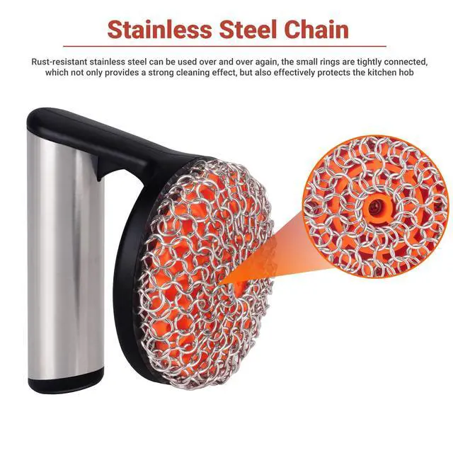 Alt view image 5 of 7 - Chainmail Scrubber with Handle for Cast Iron Cookware | Stainless Steel Chain Structure, Keep Cast Iron Seasoning, Cast Iron Pans, Griddles, Dutch Oven and Grills Use