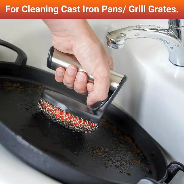 Alt view image 6 of 7 - Chainmail Scrubber with Handle for Cast Iron Cookware | Stainless Steel Chain Structure, Keep Cast Iron Seasoning, Cast Iron Pans, Griddles, Dutch Oven and Grills Use