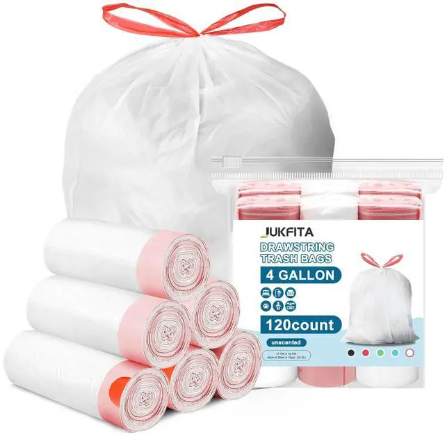 Main image of 4 Gallon Trash Bags Drawstring, 120 Count Small Garbage Bags | Tear-Free, Unscented, White, Small Trash Bags, For Bathroom Bedroom Office Kitchen