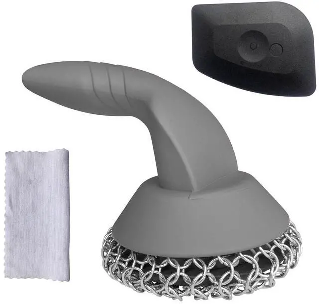 Main image of Scrubber with Pan Scraper & Towl, 316 Chainmail Scrubber with Long Handle, Upgraded Chain Mail Scrubber Cleaner for Grill Pan Skillet Wok Carbon Steel Dutch Oven Metal Brush (Grey)