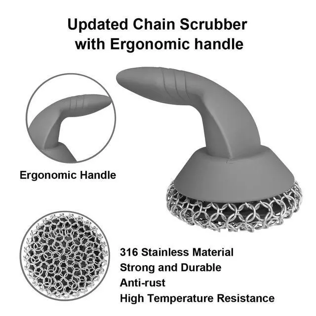 Alt view image 3 of 6 - Scrubber with Pan Scraper & Towl, 316 Chainmail Scrubber with Long Handle, Upgraded Chain Mail Scrubber Cleaner for Grill Pan Skillet Wok Carbon Steel Dutch Oven Metal Brush (Grey)