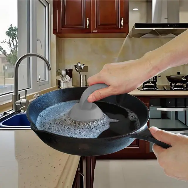 Alt view image 2 of 6 - Scrubber with Pan Scraper & Towl, 316 Chainmail Scrubber with Long Handle, Upgraded Chain Mail Scrubber Cleaner for Grill Pan Skillet Wok Carbon Steel Dutch Oven Metal Brush (Grey)