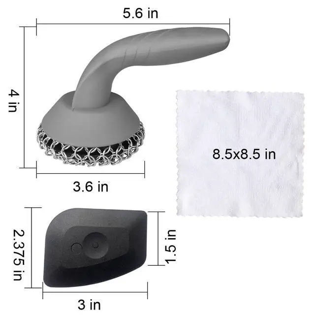 Alt view image 4 of 6 - Scrubber with Pan Scraper & Towl, 316 Chainmail Scrubber with Long Handle, Upgraded Chain Mail Scrubber Cleaner for Grill Pan Skillet Wok Carbon Steel Dutch Oven Metal Brush (Grey)