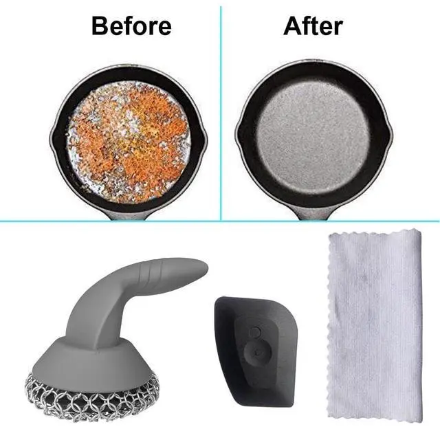 Alt view image 6 of 6 - Scrubber with Pan Scraper & Towl, 316 Chainmail Scrubber with Long Handle, Upgraded Chain Mail Scrubber Cleaner for Grill Pan Skillet Wok Carbon Steel Dutch Oven Metal Brush (Grey)