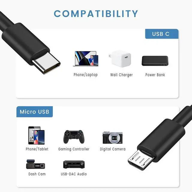 Alt view image 2 of 5 - 5-Pack USB C to Micro USB Cable, Data and Charging Cord 1ft Bulk, Black | Short Type C to MicroUSB Data Transfer Charger Cable Multipack