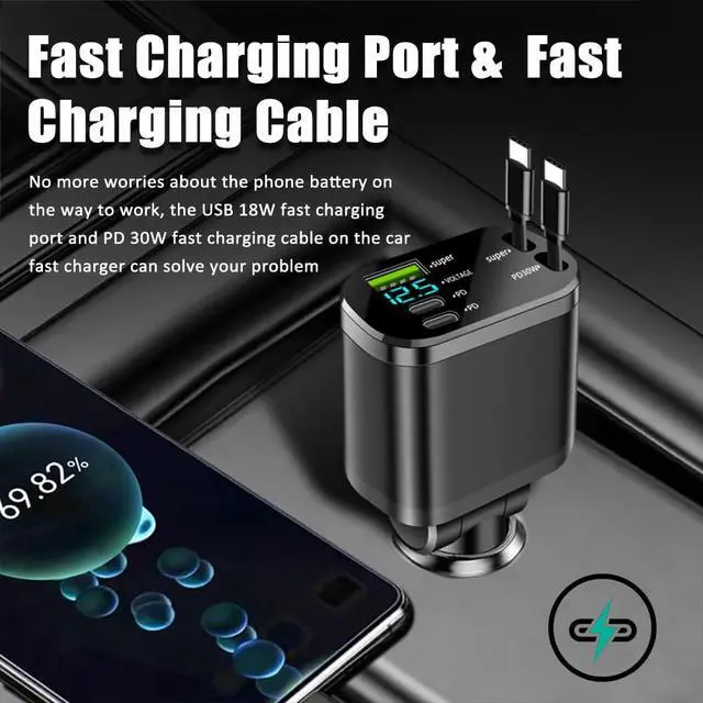 Alt view image 4 of 7 - 5 in 1 Retractable Car Charger Adapter,Upgraded Car Phone Charger with PD 30W Cable & USB Fast Charging Port,Universal USBs & USB C Cars Chargers Compatible with Android and iPhone