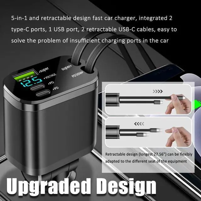 Alt view image 6 of 7 - 5 in 1 Retractable Car Charger Adapter,Upgraded Car Phone Charger with PD 30W Cable & USB Fast Charging Port,Universal USBs & USB C Cars Chargers Compatible with Android and iPhone