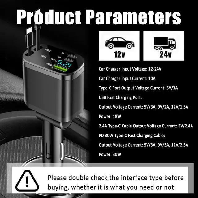 Alt view image 5 of 7 - 5 in 1 Retractable Car Charger Adapter,Upgraded Car Phone Charger with PD 30W Cable & USB Fast Charging Port,Universal USBs & USB C Cars Chargers Compatible with Android and iPhone