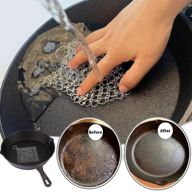 Alt view image 4 of 7 - 2Pack 4" Chain Mail Cast Iron Cleaner Scrubber, 316 Chainmail Scrubber | Cast Iron Skillet Cleaning Brush, Chainmail Scrubbing Metal Scrub Tool to Clean Dutch Oven Carbon Steel Wok Grill Pan Pot