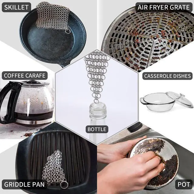 Alt view image 7 of 7 - 2Pack 4" Chain Mail Cast Iron Cleaner Scrubber, 316 Chainmail Scrubber | Cast Iron Skillet Cleaning Brush, Chainmail Scrubbing Metal Scrub Tool to Clean Dutch Oven Carbon Steel Wok Grill Pan Pot