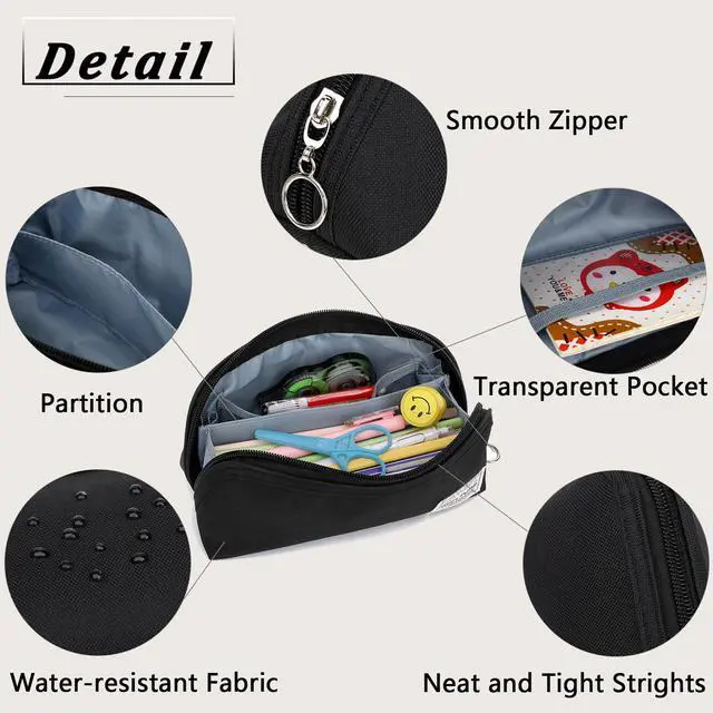 Alt view image 4 of 4 - Pencil Case,Large Opening Pencil Pouch,Zipper Closure,Portable Stationery Organizer pencil bag,Office Travel Multi-Purpose Bag (Black)