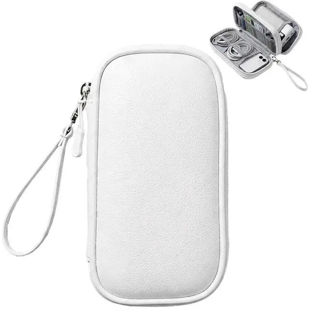 Main image of Leather Electronic Organizer Bag, Waterproof Travel Tech Pouch for Cord, Cable, Charger, Phone & Accessories (White)