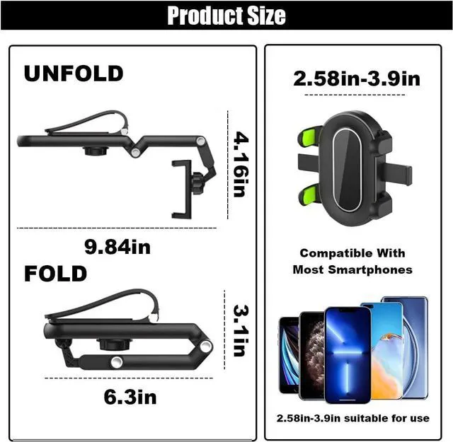 Alt view image 2 of 6 - Car Sun Visor Phone Holder, 360° Rotatable and Retractable Visor Phone Mount, Multifunctional Adjustable Car Rearview Mirror Cell Phone Holder Compatible with Most Cell Phones (Green)