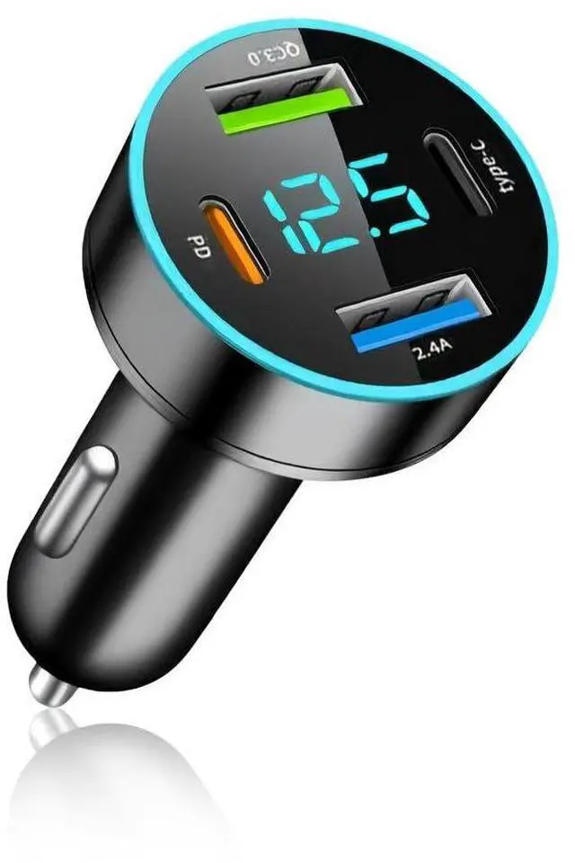 Main image of 4-in-1 Fast Car Charger, PD/QC3.0/Type-C Fast Charging, Universal Phone Cigarette Lighter USB With Blue LED & Voltmeter for Truck SUV (QC3.0+Type-C+PD+2.4A)