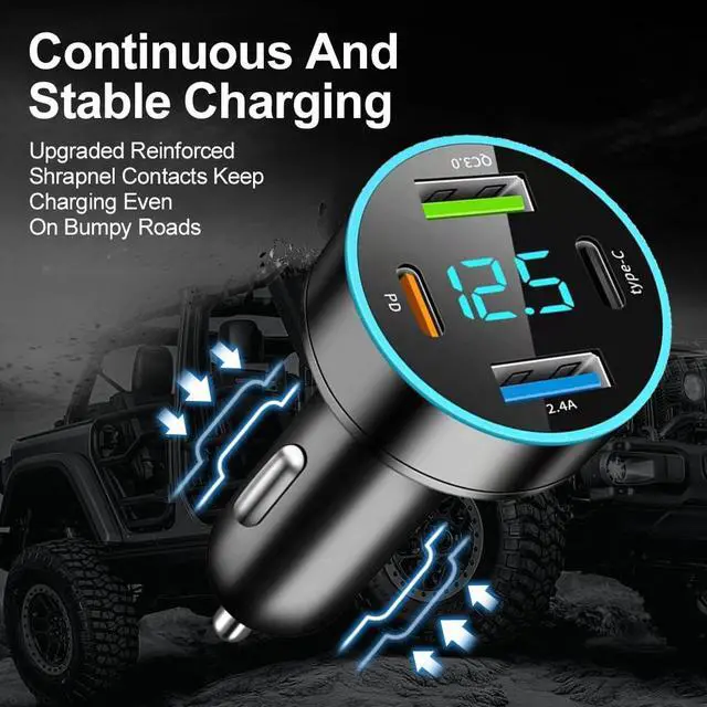 Alt view image 3 of 7 - 4-in-1 Fast Car Charger, PD/QC3.0/Type-C Fast Charging, Universal Phone Cigarette Lighter USB With Blue LED & Voltmeter for Truck SUV (QC3.0+Type-C+PD+2.4A)