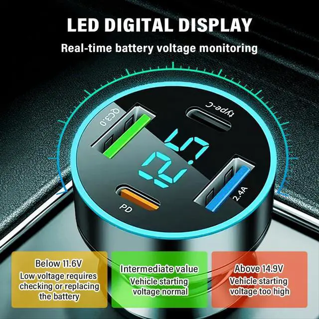 Alt view image 4 of 7 - 4-in-1 Fast Car Charger, PD/QC3.0/Type-C Fast Charging, Universal Phone Cigarette Lighter USB With Blue LED & Voltmeter for Truck SUV (QC3.0+Type-C+PD+2.4A)