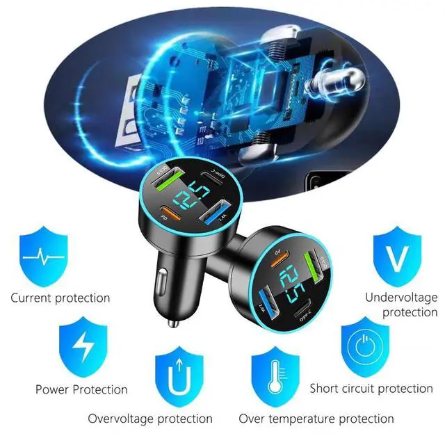 Alt view image 7 of 7 - 4-in-1 Fast Car Charger, PD/QC3.0/Type-C Fast Charging, Universal Phone Cigarette Lighter USB With Blue LED & Voltmeter for Truck SUV (QC3.0+Type-C+PD+2.4A)