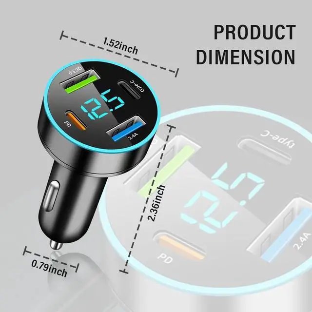 Alt view image 2 of 7 - 4-in-1 Fast Car Charger, PD/QC3.0/Type-C Fast Charging, Universal Phone Cigarette Lighter USB With Blue LED & Voltmeter for Truck SUV (QC3.0+Type-C+PD+2.4A)