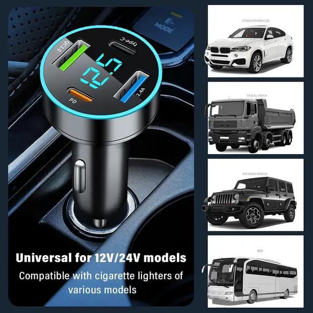 Alt view image 6 of 7 - 4-in-1 Fast Car Charger, PD/QC3.0/Type-C Fast Charging, Universal Phone Cigarette Lighter USB With Blue LED & Voltmeter for Truck SUV (QC3.0+Type-C+PD+2.4A)