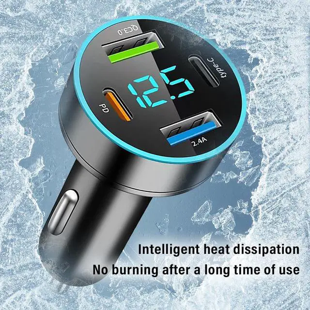 Alt view image 5 of 7 - 4-in-1 Fast Car Charger, PD/QC3.0/Type-C Fast Charging, Universal Phone Cigarette Lighter USB With Blue LED & Voltmeter for Truck SUV (QC3.0+Type-C+PD+2.4A)