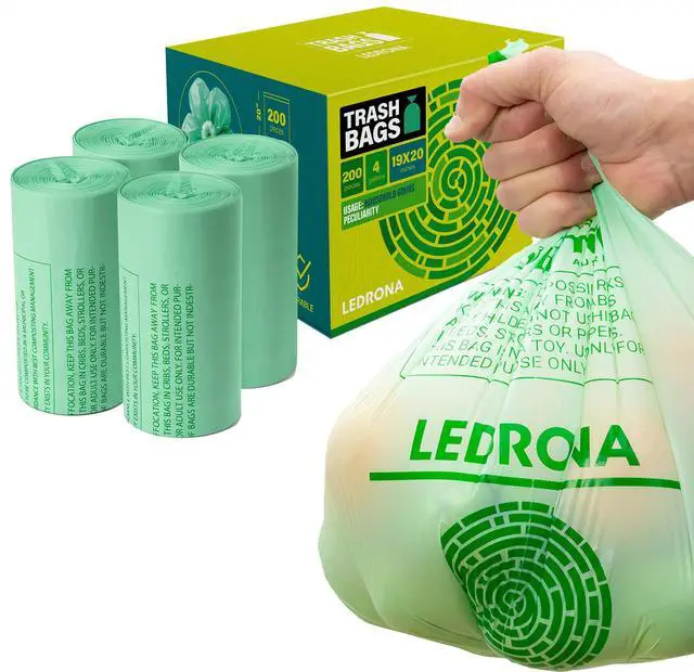Main image of 200 Compostable Trash Bags - 4 Gallon Garbage Bags for Kitchen Bin - Unscented, Leak Proof, Extra Strong - Disposable Food Waste Basket Liners - Certified by BPI & OK compost HOME by TÜV AUSTRIA