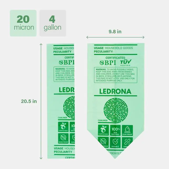 Alt view image 2 of 7 - 200 Compostable Trash Bags - 4 Gallon Garbage Bags for Kitchen Bin - Unscented, Leak Proof, Extra Strong - Disposable Food Waste Basket Liners - Certified by BPI & OK compost HOME by TÜV AUSTRIA