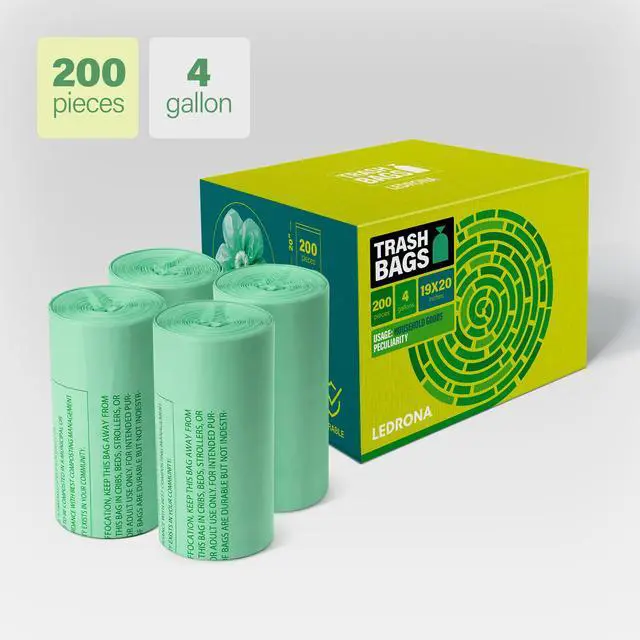 Alt view image 3 of 7 - 200 Compostable Trash Bags - 4 Gallon Garbage Bags for Kitchen Bin - Unscented, Leak Proof, Extra Strong - Disposable Food Waste Basket Liners - Certified by BPI & OK compost HOME by TÜV AUSTRIA