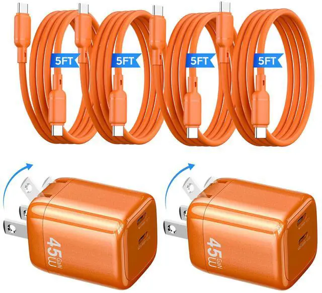 Main image of 45W USB C Charger 2-Pack GaN PD Dual Port Fast Charger Block Compact Foldable Wall Plug with 4 Pack 5Ft Cables for iPhone 17 16 15 Pro Max/17 16 15 Pro/17 16 15, iPad Air/Pro (Orange)