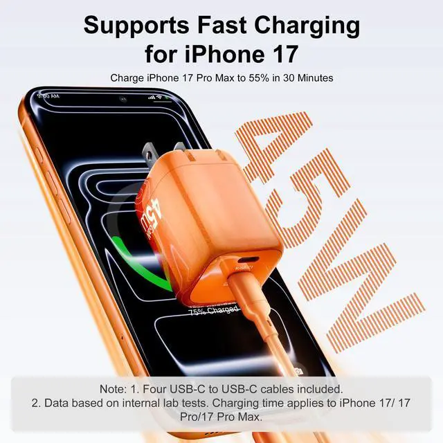 Alt view image 2 of 7 - 45W USB C Charger 2-Pack GaN PD Dual Port Fast Charger Block Compact Foldable Wall Plug with 4 Pack 5Ft Cables for iPhone 17 16 15 Pro Max/17 16 15 Pro/17 16 15, iPad Air/Pro (Orange)