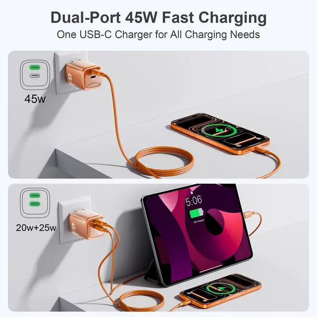 Alt view image 3 of 7 - 45W USB C Charger 2-Pack GaN PD Dual Port Fast Charger Block Compact Foldable Wall Plug with 4 Pack 5Ft Cables for iPhone 17 16 15 Pro Max/17 16 15 Pro/17 16 15, iPad Air/Pro (Orange)