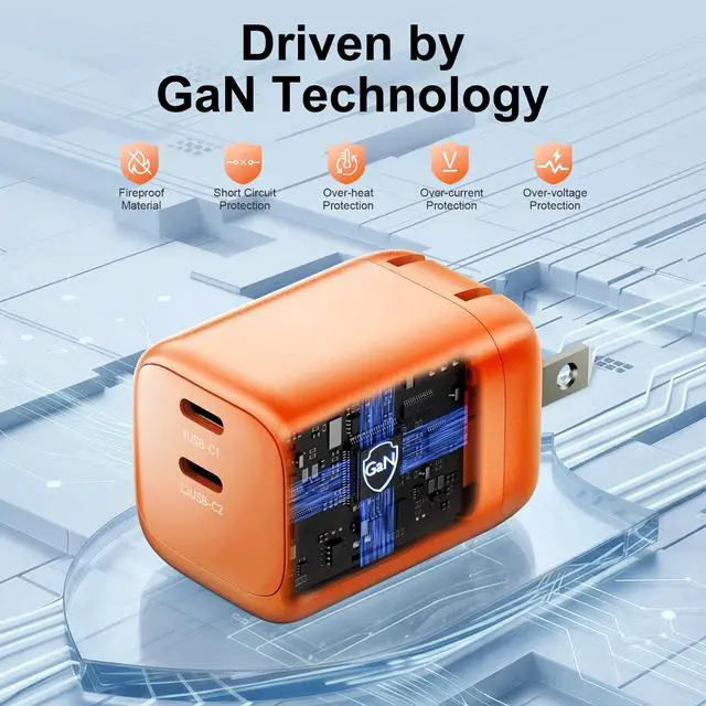 Alt view image 4 of 7 - 45W USB C Charger 2-Pack GaN PD Dual Port Fast Charger Block Compact Foldable Wall Plug with 4 Pack 5Ft Cables for iPhone 17 16 15 Pro Max/17 16 15 Pro/17 16 15, iPad Air/Pro (Orange)