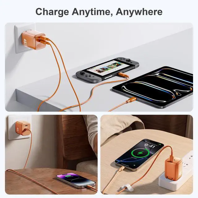Alt view image 5 of 7 - 45W USB C Charger 2-Pack GaN PD Dual Port Fast Charger Block Compact Foldable Wall Plug with 4 Pack 5Ft Cables for iPhone 17 16 15 Pro Max/17 16 15 Pro/17 16 15, iPad Air/Pro (Orange)