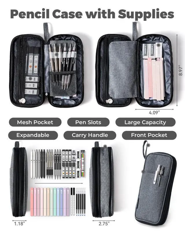 Alt view image 3 of 7 - School Supplies with Pencil Case, 45ct Black | Back to School Stationery Set, Essentials for College & Nursing Students, 6 Gel Pens, 6 Mechanical Pencils, 12 Highlighters