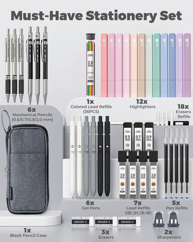 Alt view image 2 of 7 - School Supplies with Pencil Case, 45ct Black | Back to School Stationery Set, Essentials for College & Nursing Students, 6 Gel Pens, 6 Mechanical Pencils, 12 Highlighters