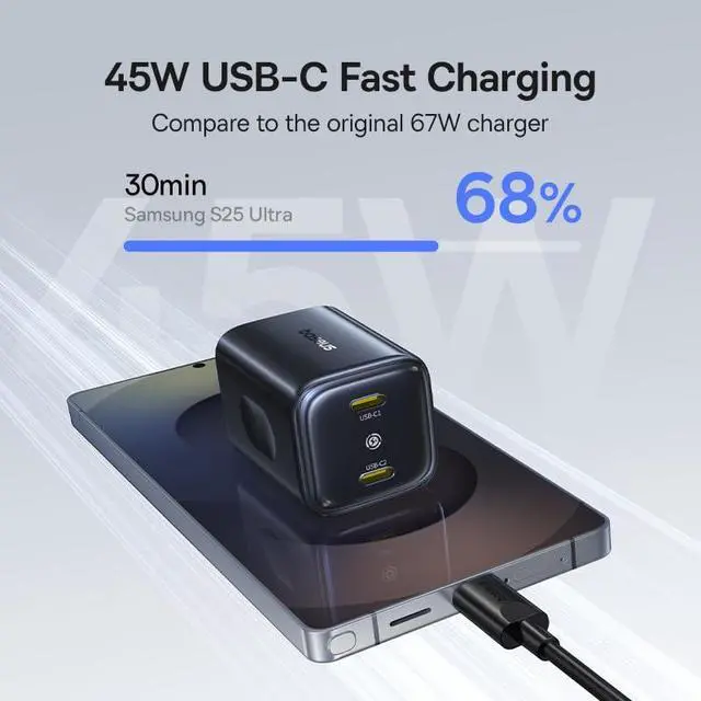 Alt view image 2 of 7 - 45W USB C Charger, Dual Port PPS Fast Charging Block for iPhone 17/16/15 Series, iPad, Galaxy S25 Ultra and More Series