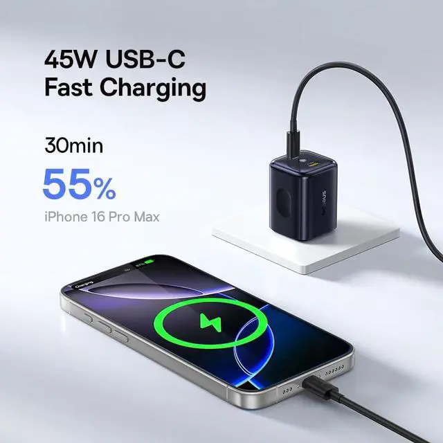 Alt view image 3 of 7 - 45W USB C Charger, Dual Port PPS Fast Charging Block for iPhone 17/16/15 Series, iPad, Galaxy S25 Ultra and More Series