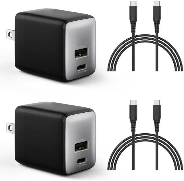 Main image of USB C Fast Charging Charger, 30W Dual-Port GaN Nano Charger with Foldable Plug for iPhone 17/16/15 Series, iPad, Galaxy S26 Ultra and More Series, (Black, 2 Pack & 2 Cable)