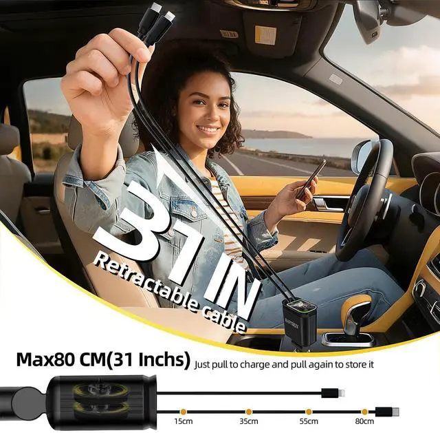 Alt view image 4 of 7 - Retractable Car Charger with 31-Inch Cables 4 in 1 Fast Car Charger USB C Car Adapter with Starry Sky Light for iPhone 17 16 15 14 Car Accessories Gifts for Men Women Drivers (Black)