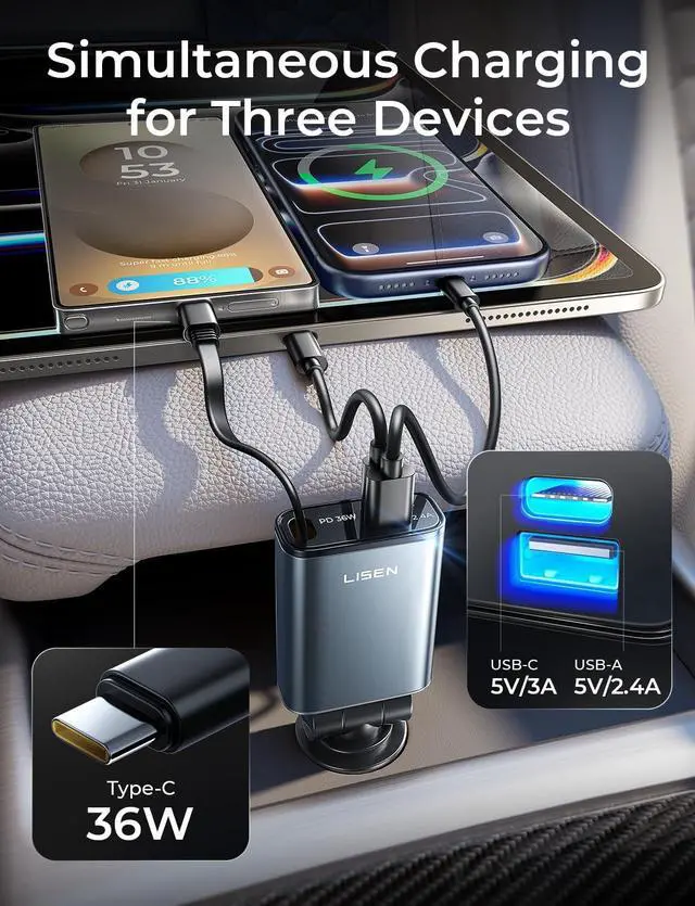 Alt view image 4 of 7 - 63W Ultra-Compact Retractable Car Charger USB C Fast Charge | for iPhone 17 16 15 Pro Max Plus Car Phone Type C Charging with 36W USB C Cable for Women Men Samsung S26 S25 MacBook Neo