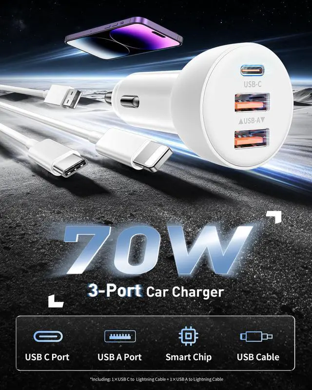 Alt view image 2 of 7 - 70W Fast Car Charger for iPhone 14 13 12 11 Pro Max SE XR XS X 8 7 6 | 2Pack, USB iPhone Carplay Cord &Lightnings Charging Cable + USB-C&A Car Charger Adapter Cigarette Lighter, Travel Accessories