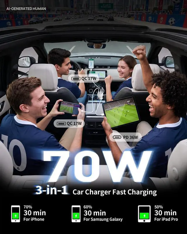 Alt view image 3 of 7 - 70W Fast Car Charger for iPhone 14 13 12 11 Pro Max SE XR XS X 8 7 6 | 2Pack, USB iPhone Carplay Cord &Lightnings Charging Cable + USB-C&A Car Charger Adapter Cigarette Lighter, Travel Accessories