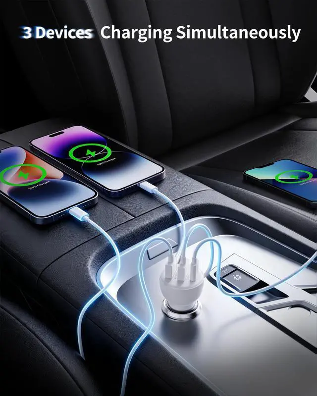 Alt view image 4 of 7 - 70W Fast Car Charger for iPhone 14 13 12 11 Pro Max SE XR XS X 8 7 6 | 2Pack, USB iPhone Carplay Cord &Lightnings Charging Cable + USB-C&A Car Charger Adapter Cigarette Lighter, Travel Accessories