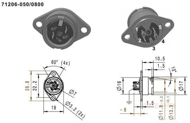 Alt view image 6 of 6 - For PREH 71206-050/0800 5-core DIN socket panel installation 5P 240-degree pin distribution