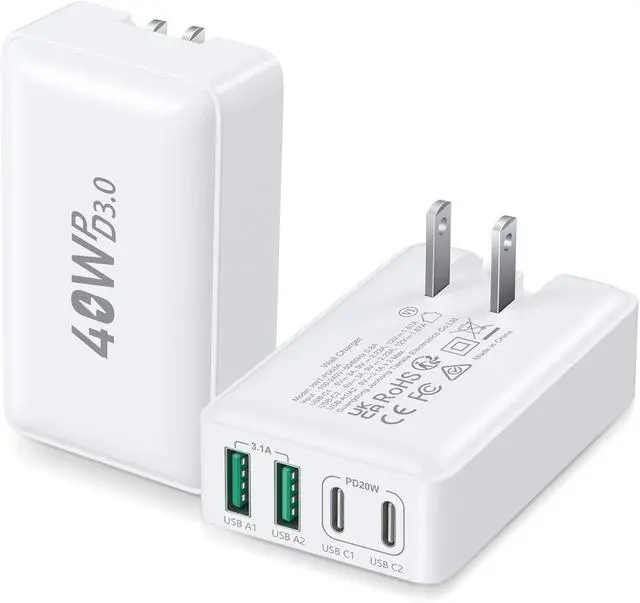 Alt view image 8 of 14 - USB C Charger Block, Excgood 40W 4-Port Flat USB Wall Charger Adapter Multiport Dual PD+QC Foldable Slim Fast Charging Plug Compatible for iPhone 15 Pro Max 14 13 iPad Watch S9 Galaxy S23,2Pack White