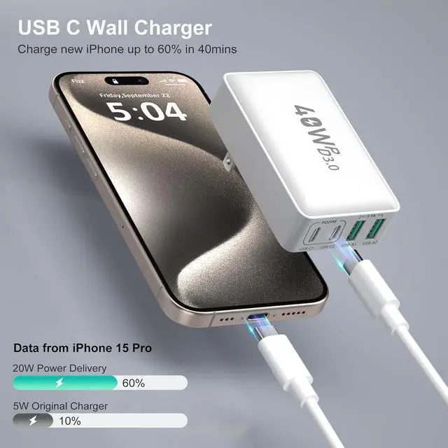 Alt view image 10 of 14 - USB C Charger Block, Excgood 40W 4-Port Flat USB Wall Charger Adapter Multiport Dual PD+QC Foldable Slim Fast Charging Plug Compatible for iPhone 15 Pro Max 14 13 iPad Watch S9 Galaxy S23,2Pack White