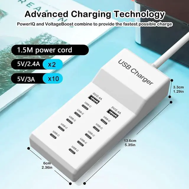 Alt view image 10 of 14 - Multiple USB C Charger 12 Ports USB Charging Station 60W MultiPort Charger Compatible with iPhone/iPad//Google Pixel/Watch/Headphones