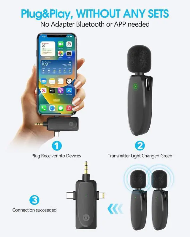 Alt view image 9 of 14 - Wireless Lavalier Lapel Microphone for iPhone, Android, Camera, Mini Professional Wireless Mic Plug-Play 2.4G Ultra Low Delay Built-in Noise Reduction Chip 7H Long Working