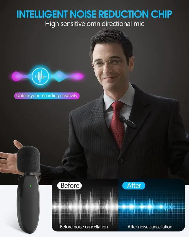 Alt view image 11 of 14 - Wireless Lavalier Lapel Microphone for iPhone, Android, Camera, Mini Professional Wireless Mic Plug-Play 2.4G Ultra Low Delay Built-in Noise Reduction Chip 7H Long Working