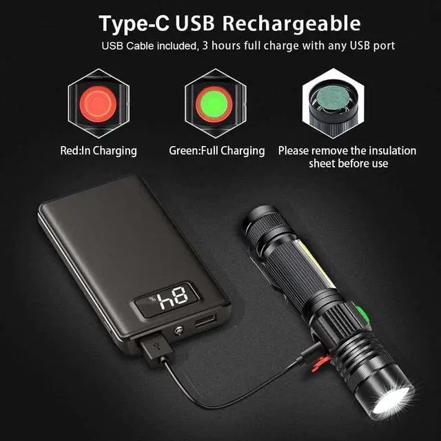 Alt view image 18 of 20 - Flashlight USB Rechargeable, Magnetic LED Flashlight, Super Bright LED Tactical Flashlight with Cob Sidelight, Waterproof, Zoomable Best Small LED Flashlight for Camping, Emergency Flashlights